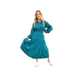 NEW She + Sky Maxi Dress Small Teal Tiered Back Cutout Open Back Puff Sleeves